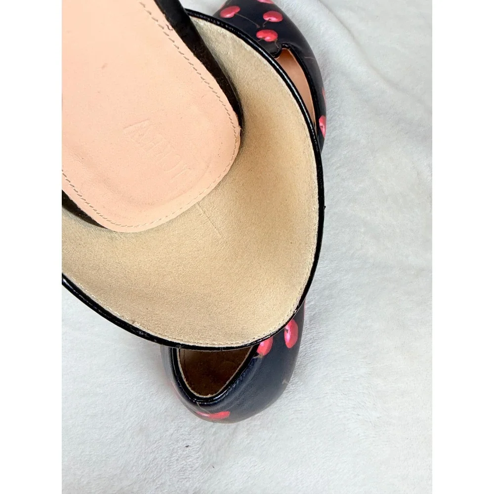 J.Crew Women Cherry Print D'Orsay Flats Size 11 Black Red Pointed Toe Leather
